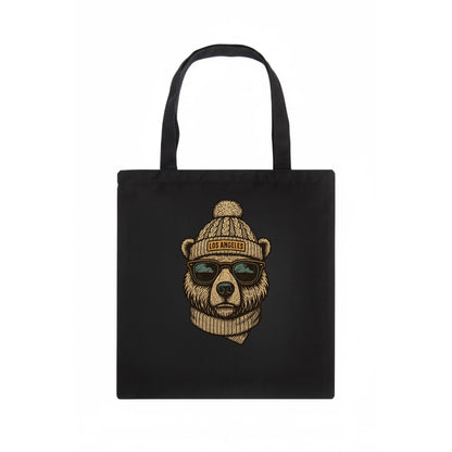 California Grizzly Bear wearing Los Angeles beanie with pom pom and wayfarer sunglasses - Tote Bag - dark