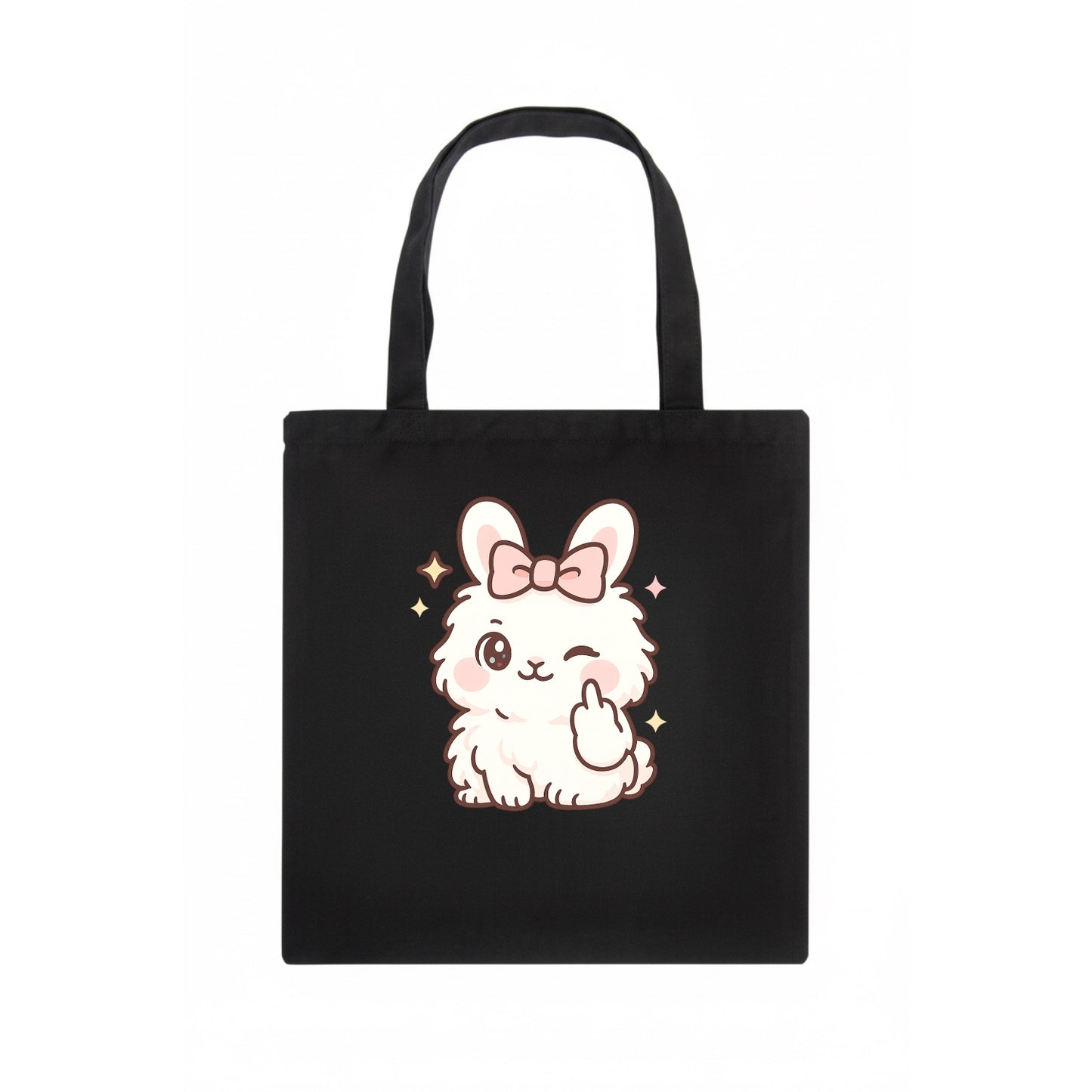 fluffy white angora rabbit with pink bow, one paw delicately flipping off - Tote Bag - dark