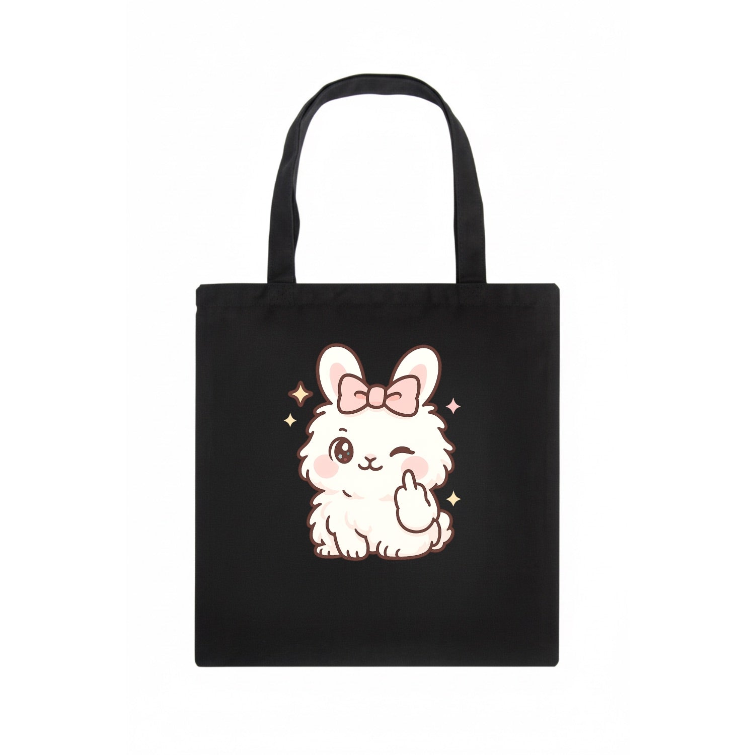 fluffy white angora rabbit with pink bow, one paw delicately flipping off - Tote Bag - dark
