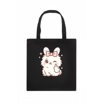fluffy white angora rabbit with pink bow, one paw delicately flipping off - Tote Bag - dark