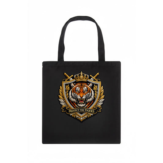 PROTECT THE TIGERS - tiger with shield in orange , big cat conservation - Tote Bag - dark