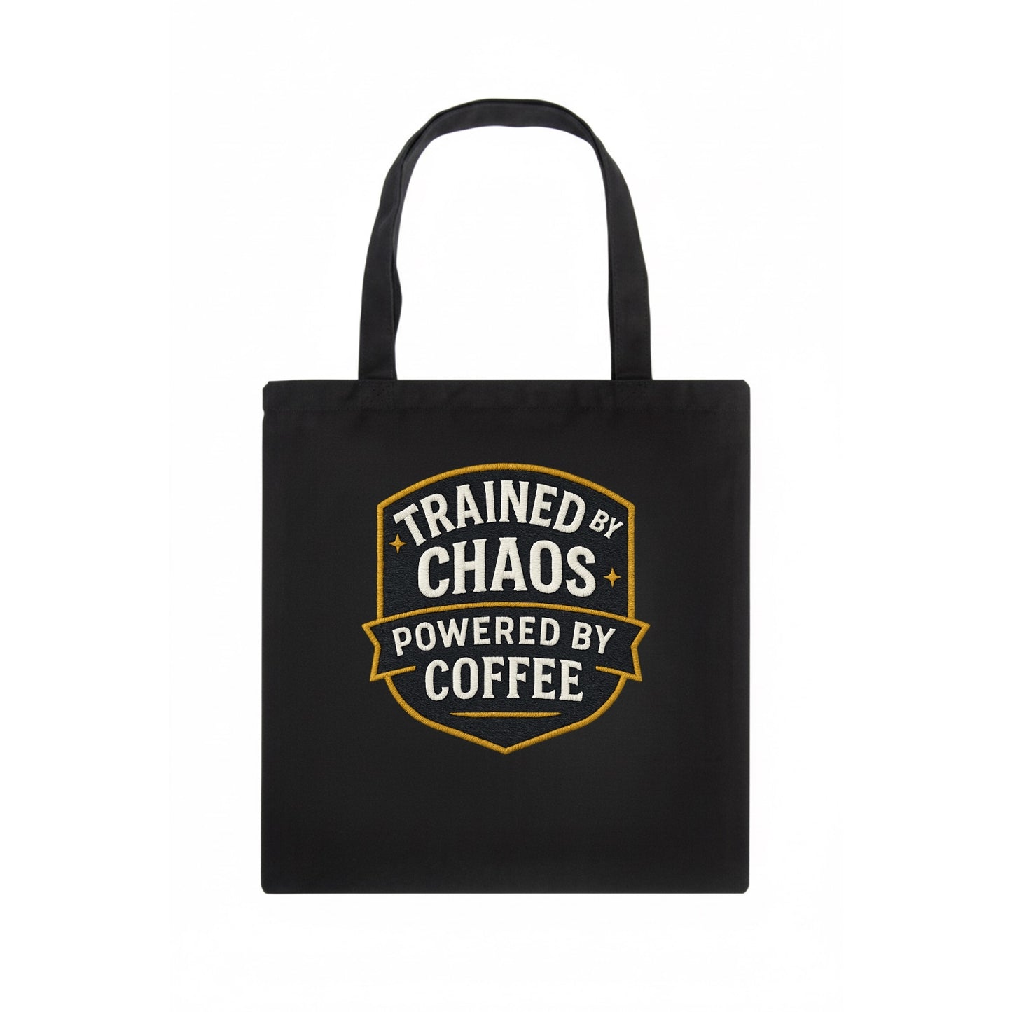Trained by chaos, powered by coffee - Tote Bag - dark