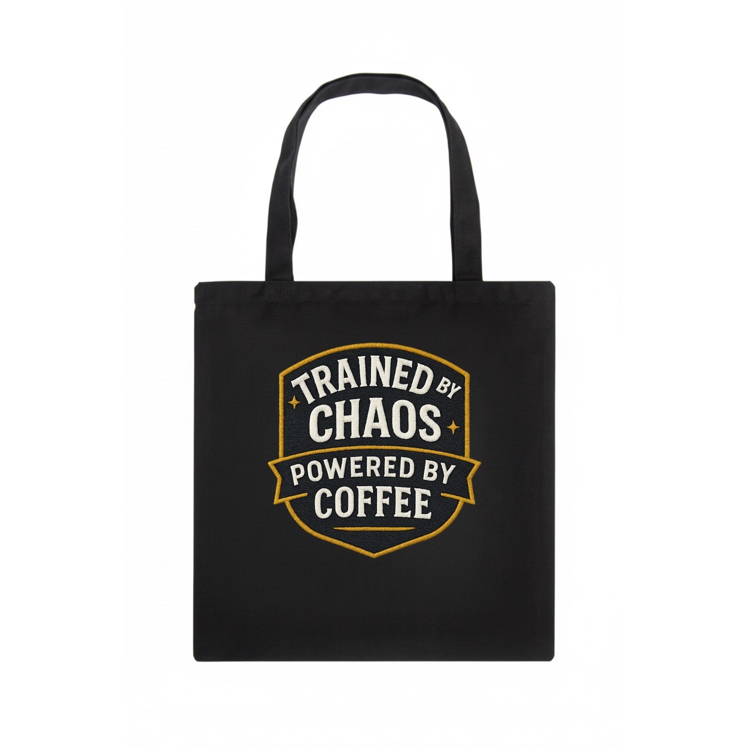 Trained by chaos, powered by coffee - Tote Bag - dark