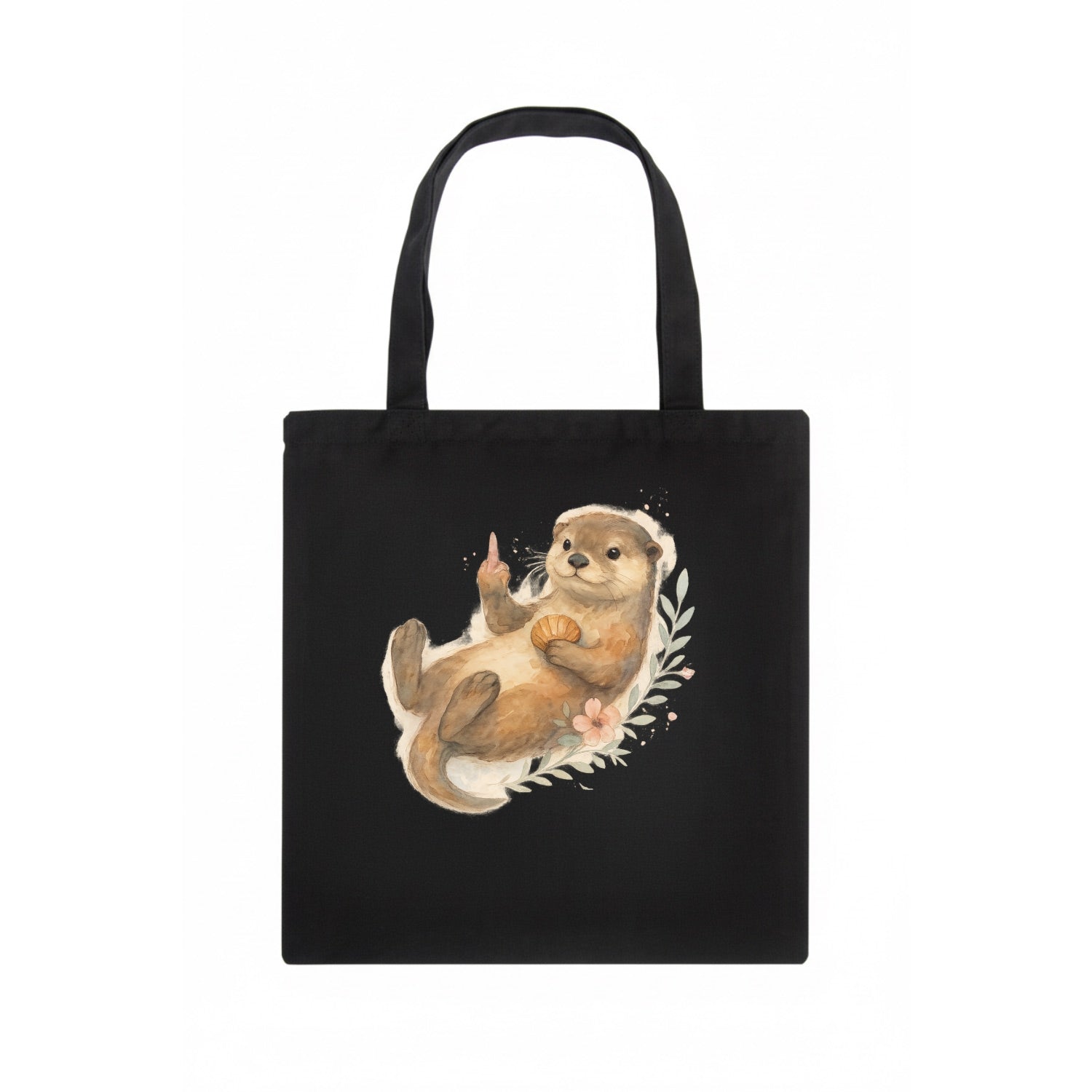 adorable otter floating on back, middle finger up while holding a shellfish - Tote Bag - dark