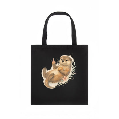adorable otter floating on back, middle finger up while holding a shellfish - Tote Bag - dark