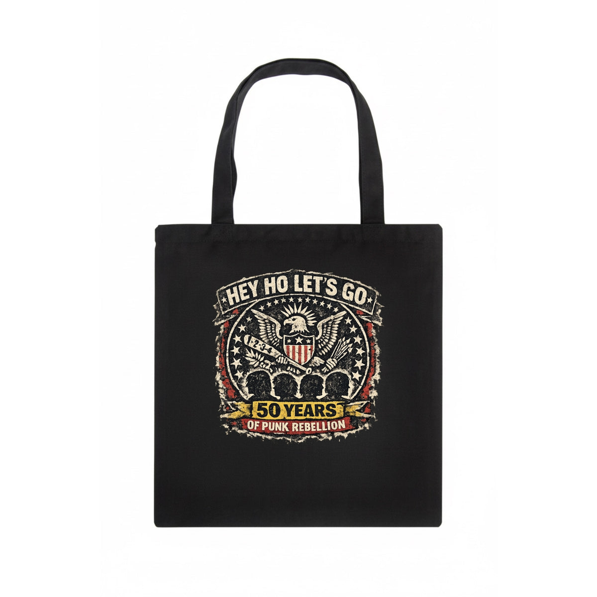 RAMONES LEGACY | Hey Ho Let's Go typography | Presidential seal parody | Four heads - Tote Bag - dark