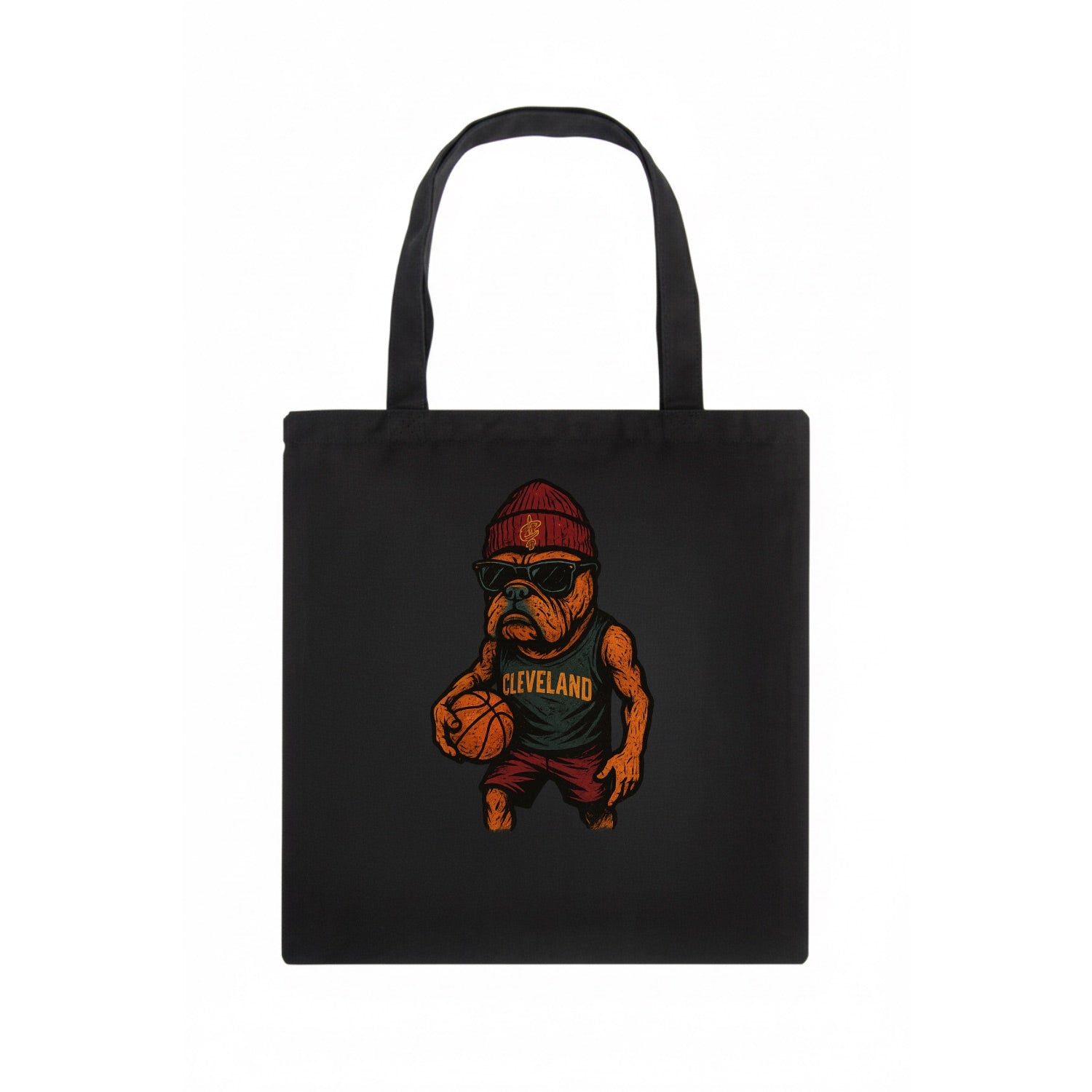 Cleveland Bulldog wearing Cavaliers wine and gold beanie with sword patch and wayfarer - Tote Bag - dark