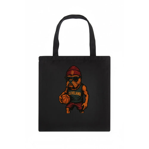 Cleveland Bulldog wearing Cavaliers wine and gold beanie with sword patch and wayfarer - Tote Bag