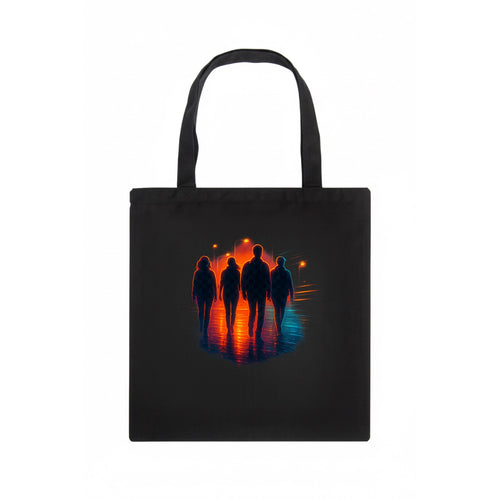 gang of silhouettes walking together at sunset by the beach - Tote Bag