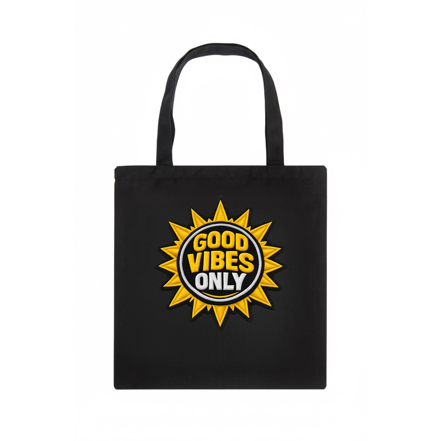 GOOD VIBES ONLY - sun with text in yellow , positive energy - Tote Bag - dark