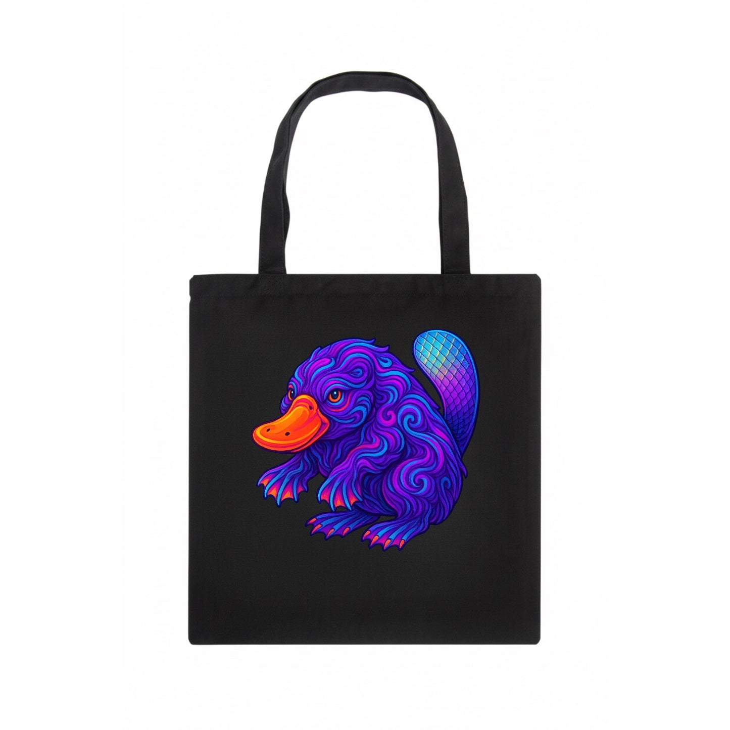 Quirky platypus with bill glowing in neon orange, beaver tail with holographic scales, - Tote Bag - dark
