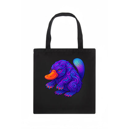Quirky platypus with bill glowing in neon orange, beaver tail with holographic scales, - Tote Bag - dark