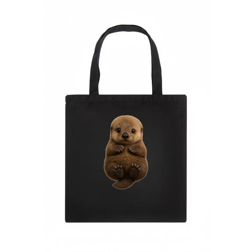 Baby Sea Otter - brown fluffy, floating on back, tiny paws, bright eyes, front-facing, - Tote Bag