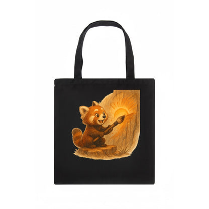 Red panda painting a sunrise mural with an oversized calligraphy brush on a cliff wall - Tote Bag - dark