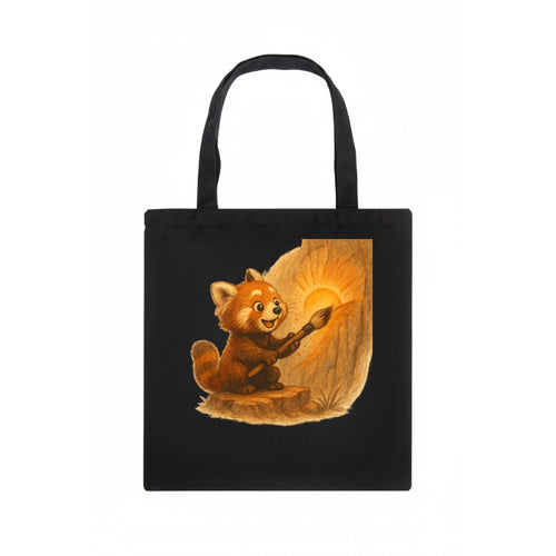 Red panda painting a sunrise mural with an oversized calligraphy brush on a cliff wall - Tote Bag