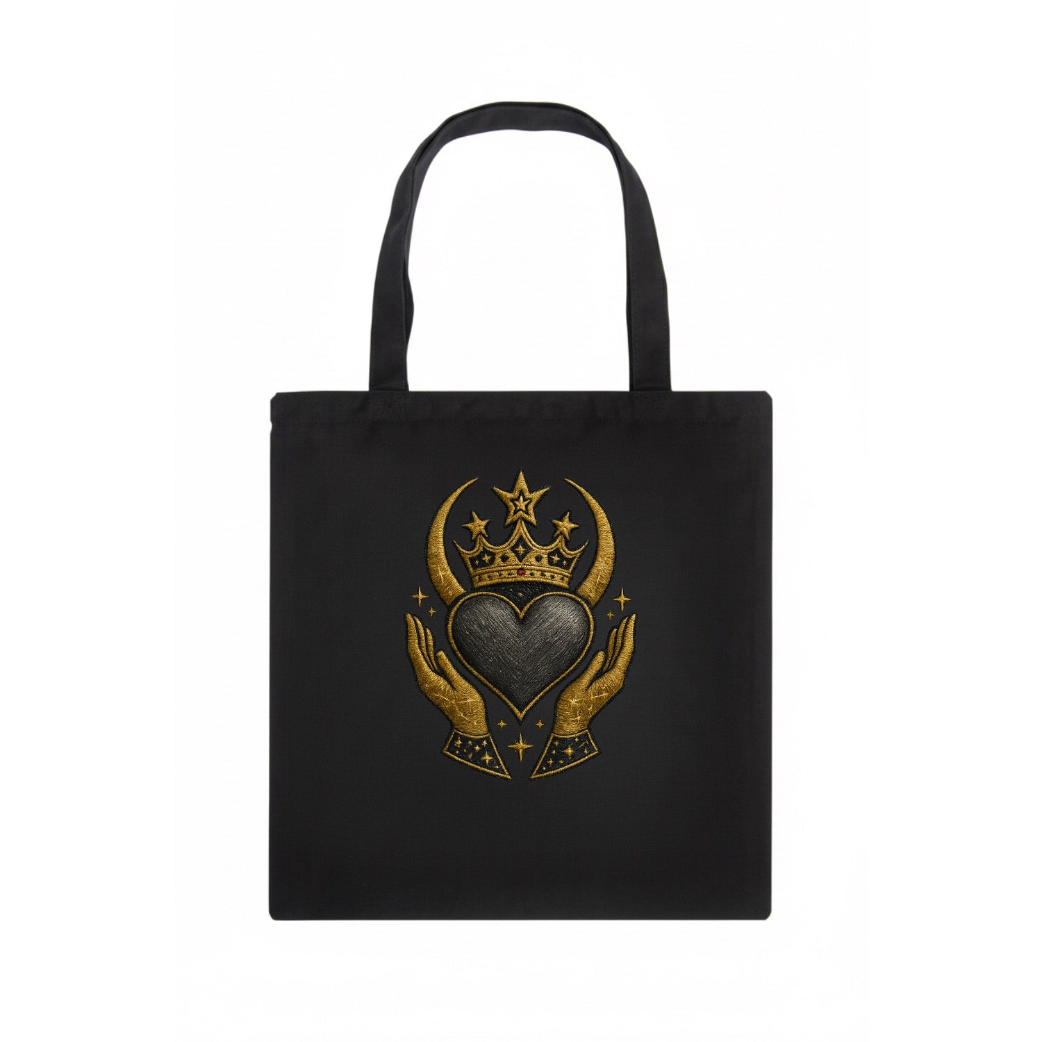 Celtic knot crown with woven strands merging into copper hands shielding a pewter heart. - Tote Bag - dark