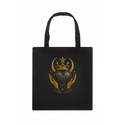 Celtic knot crown with woven strands merging into copper hands shielding a pewter heart. - Tote Bag - dark