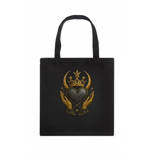 Celtic knot crown with woven strands merging into copper hands shielding a pewter heart. - Tote Bag