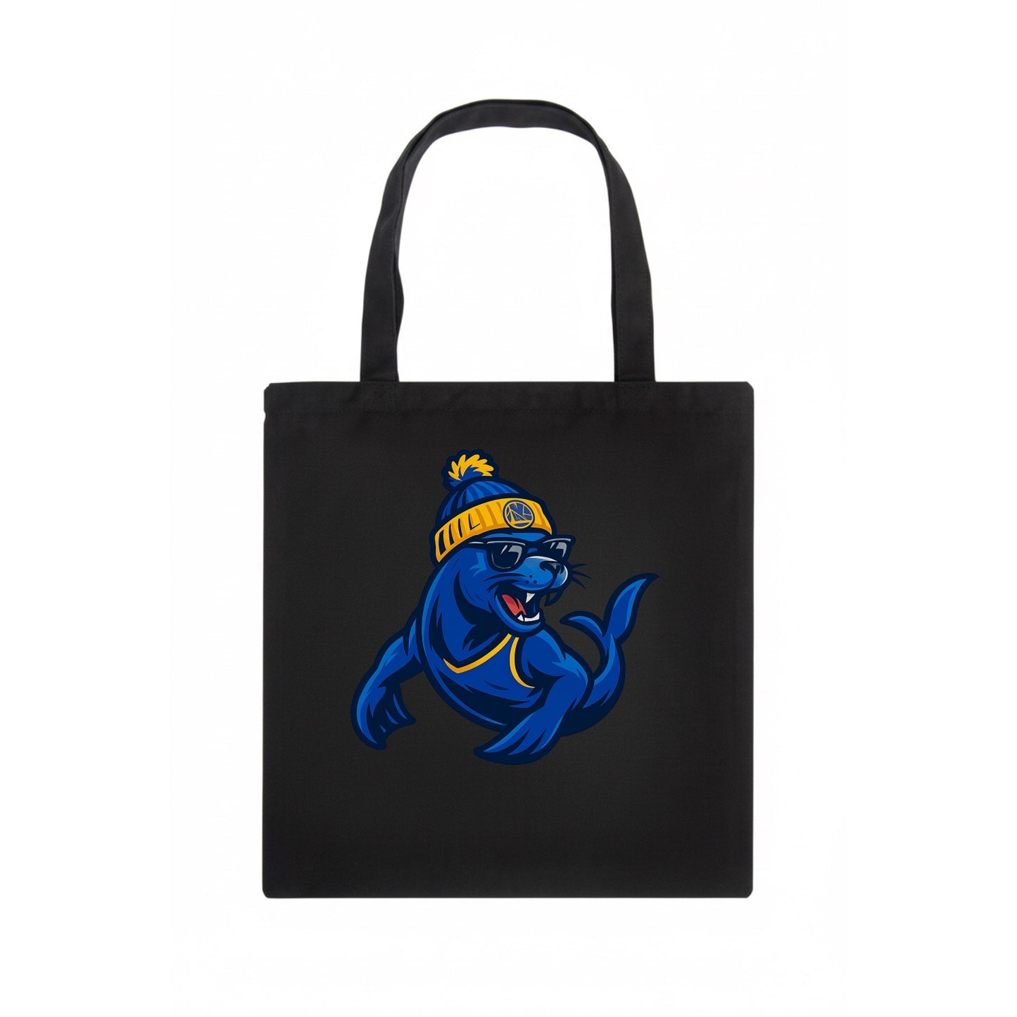 Bay Area Sea Lion wearing Warriors blue and gold beanie with Golden Gate and wayfarer - Tote Bag - dark