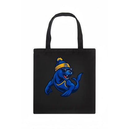 Bay Area Sea Lion wearing Warriors blue and gold beanie with Golden Gate and wayfarer - Tote Bag - dark