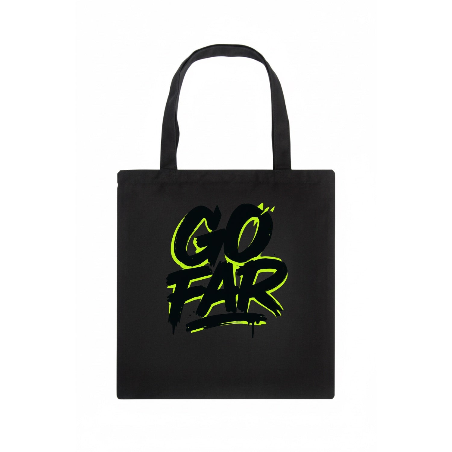 Bold typography design - "GO FAR" - distance goals, pushing limits - Tote Bag - dark