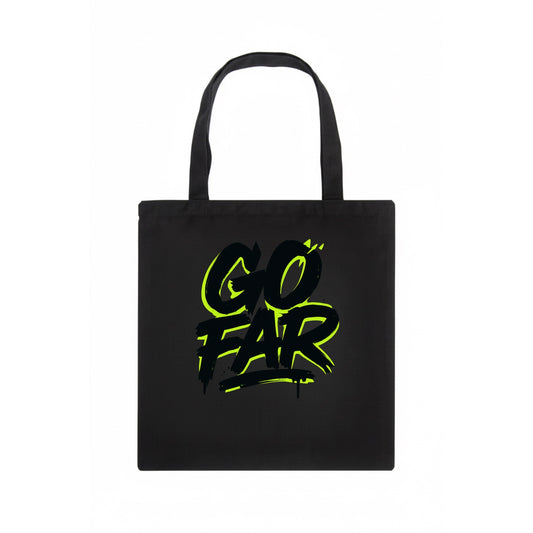Bold typography design - "GO FAR" - distance goals, pushing limits - Tote Bag - dark