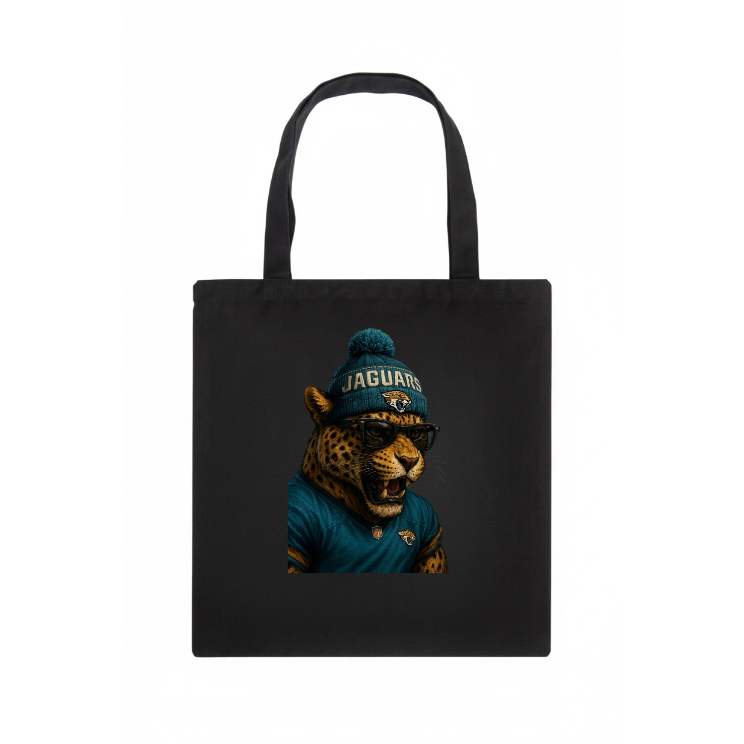 Jacksonville Jaguar wearing Jaguars teal and gold beanie with pom pom and wayfarer - Tote Bag - dark