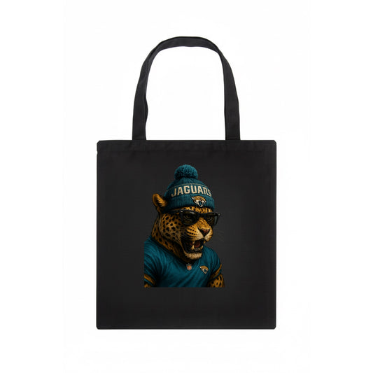 Jacksonville Jaguar wearing Jaguars teal and gold beanie with pom pom and wayfarer - Tote Bag - dark