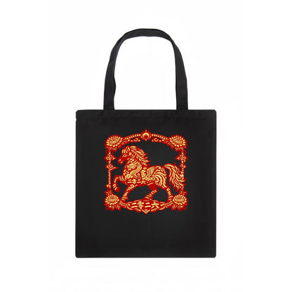 HORSE | Silk style horse design | Gold and silver thread appearance | Phoenix and dragon - Tote Bag - dark