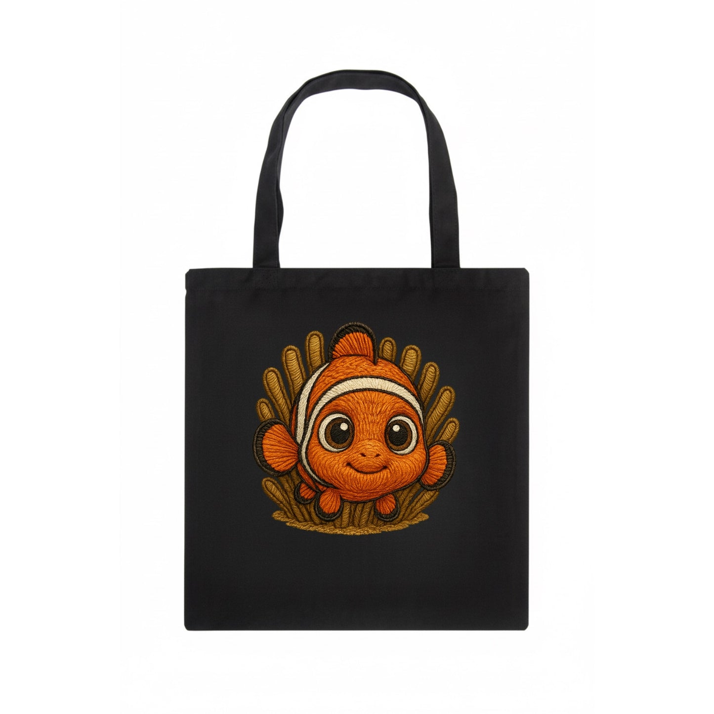 Baby Clownfish - orange with white stripes, big round eyes, front-facing in anemone, - Tote Bag - dark