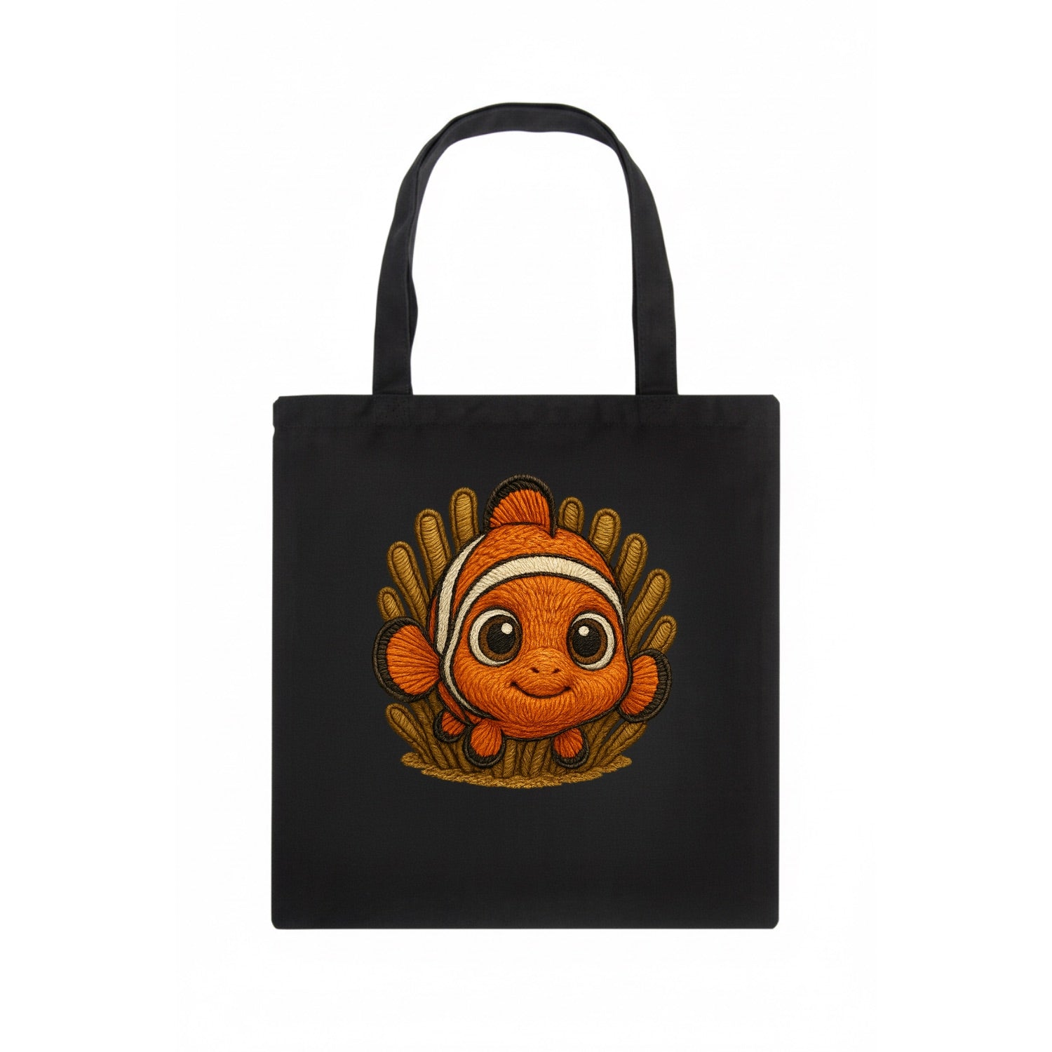 Baby Clownfish - orange with white stripes, big round eyes, front-facing in anemone, - Tote Bag - dark
