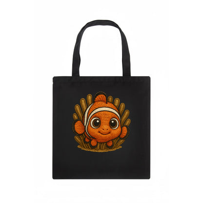 Baby Clownfish - orange with white stripes, big round eyes, front-facing in anemone, - Tote Bag - dark