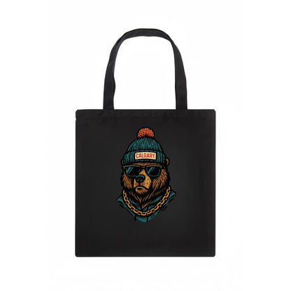 Calgary Grizzly Bear wearing Calgary beanie with pom pom and wayfarer sunglasses - Tote Bag - dark