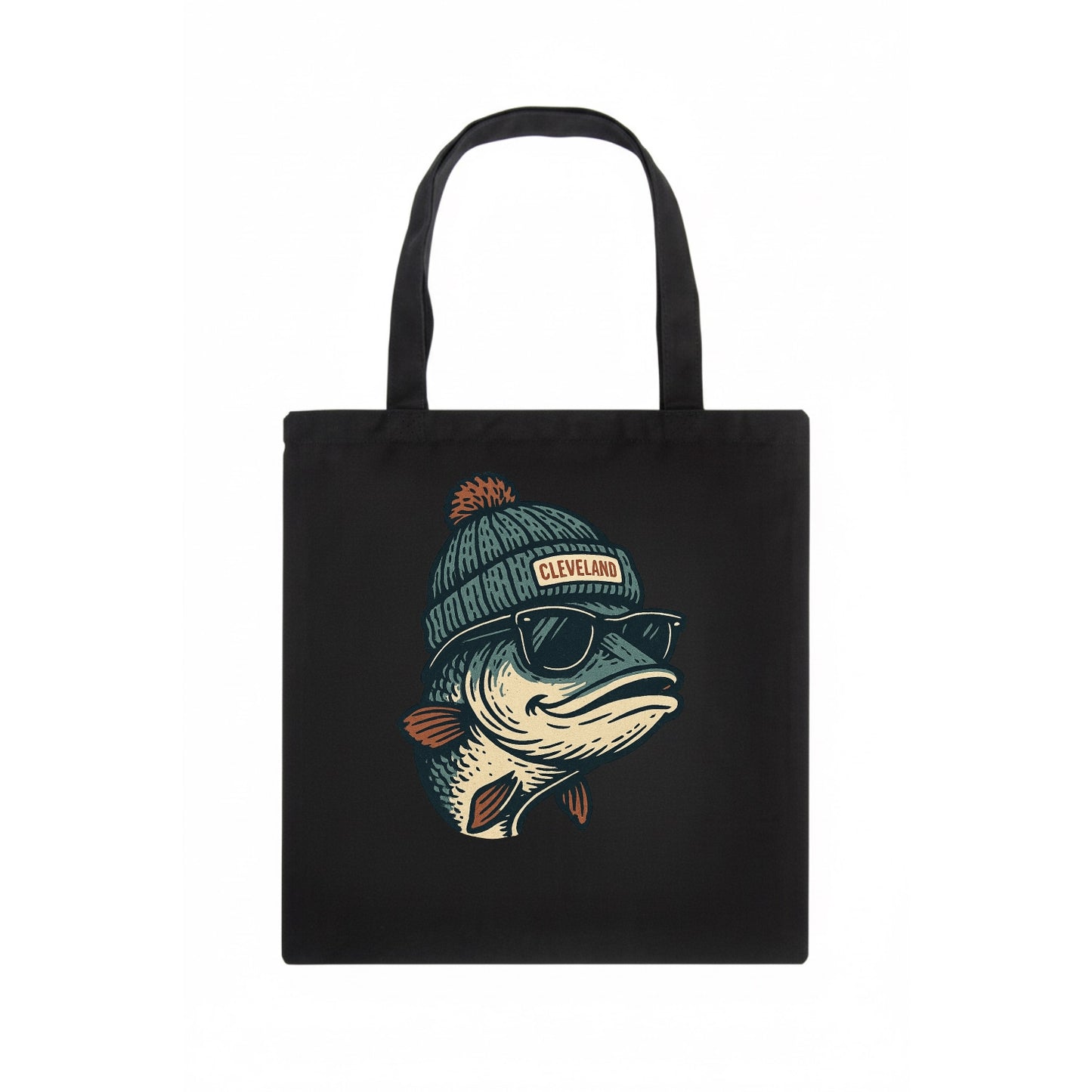 Cleveland Lake Erie Walleye wearing Cleveland beanie with pom pom and wayfarer sunglasses - Tote Bag - dark