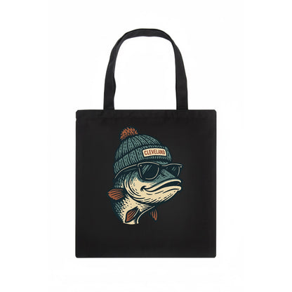 Cleveland Lake Erie Walleye wearing Cleveland beanie with pom pom and wayfarer sunglasses - Tote Bag - dark