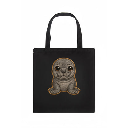 Baby Elephant Seal - gray wrinkly, tiny trunk nose, big dark eyes, front-facing, funny - Tote Bag - dark