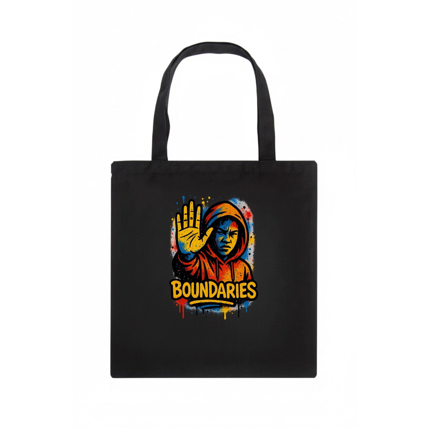 Person holding up hand in "stop" gesture - setting boundaries concept, self-protection - Tote Bag - dark