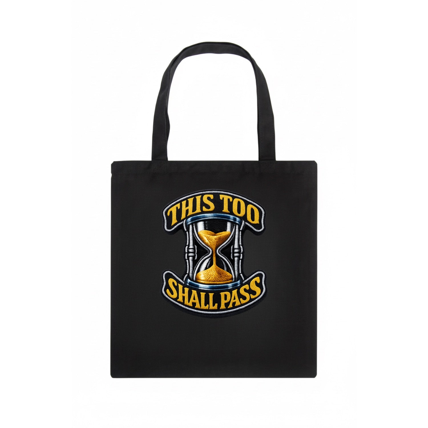 THIS TOO SHALL PASS - hourglass with text in gold , perspective - Tote Bag - dark