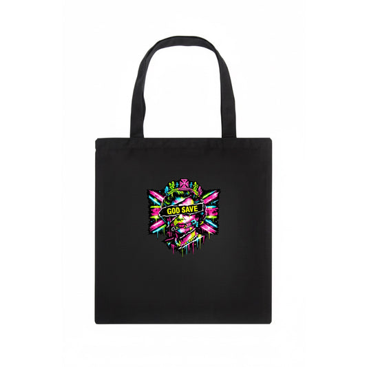 GOD SAVE | Torn royal portrait style | Blackout bar across eyes | Safety pin through - Tote Bag - dark