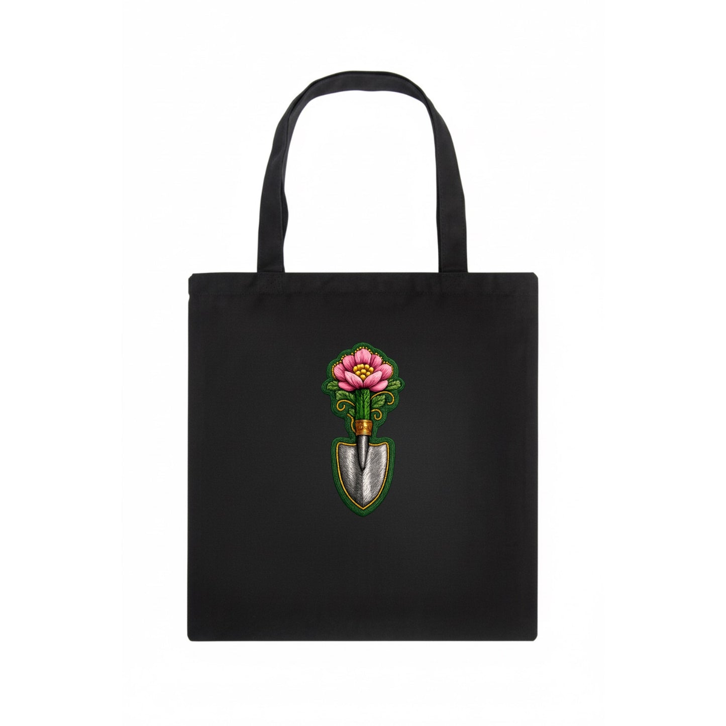 Embroidered patch design - GARDENING TROWEL FLOWER - garden tool with blooming flower in - Tote Bag - dark