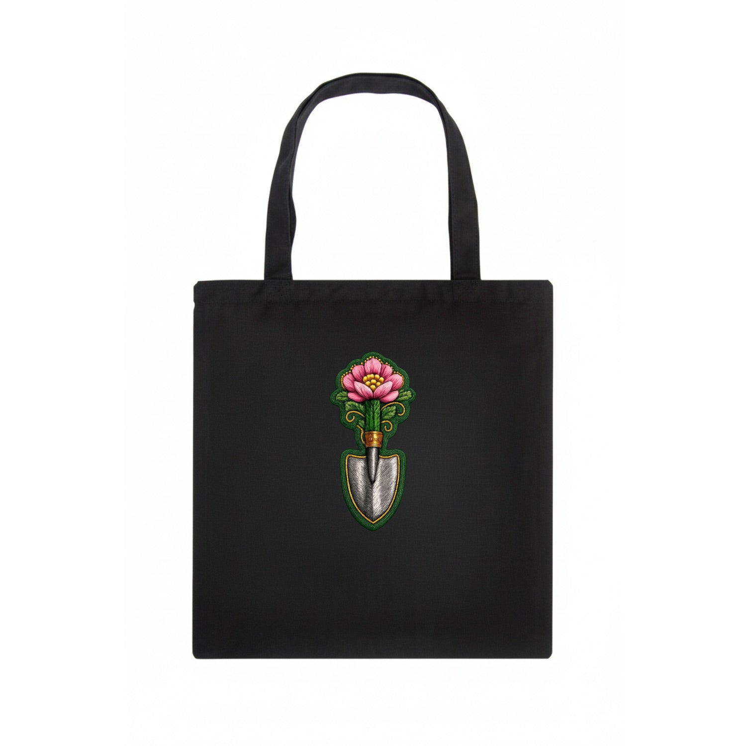Embroidered patch design - GARDENING TROWEL FLOWER - garden tool with blooming flower in - Tote Bag - dark