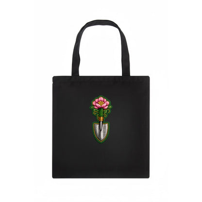 Embroidered patch design - GARDENING TROWEL FLOWER - garden tool with blooming flower in - Tote Bag - dark