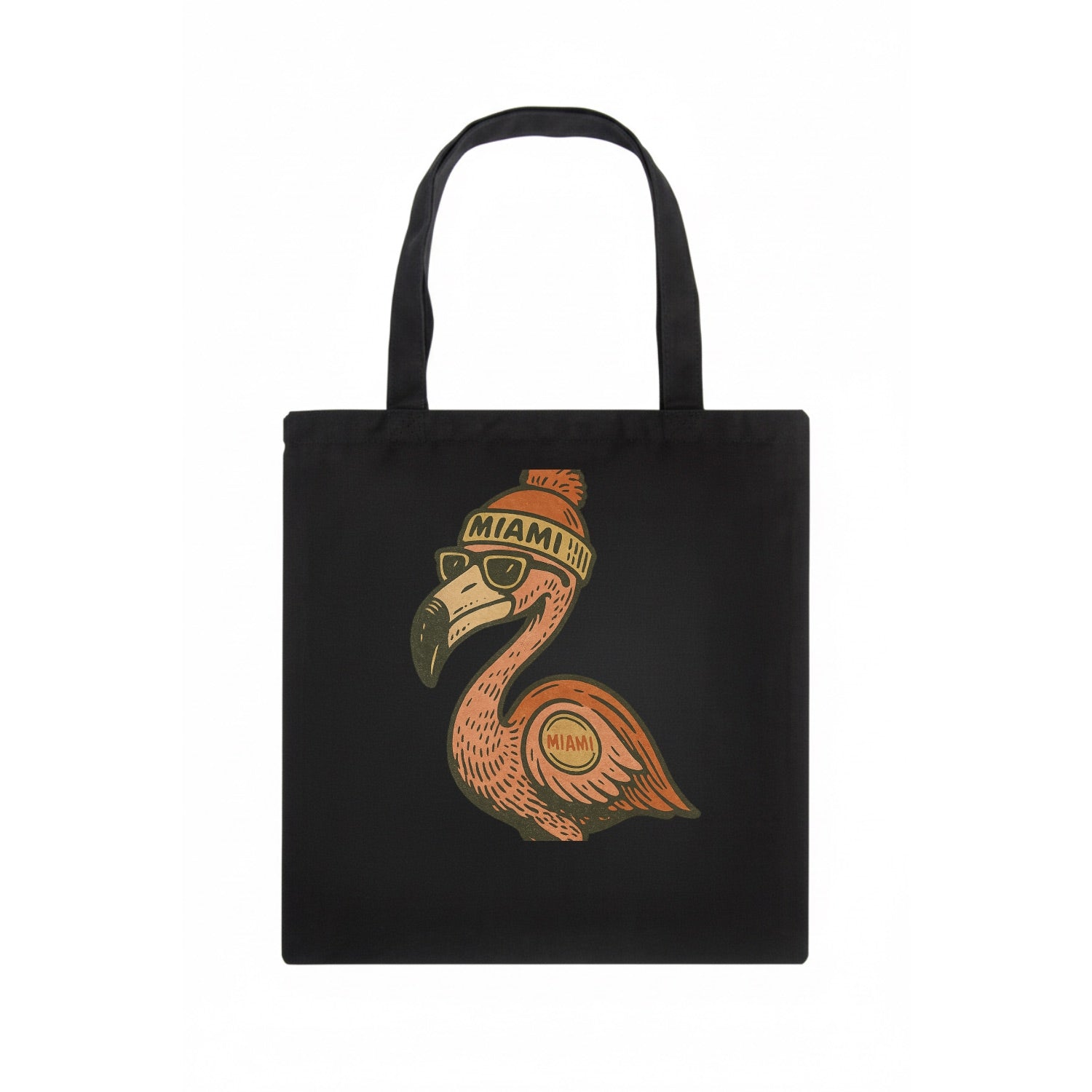 Miami Flamingo wearing Miami beanie with pom pom and wayfarer sunglasses - Tote Bag - dark