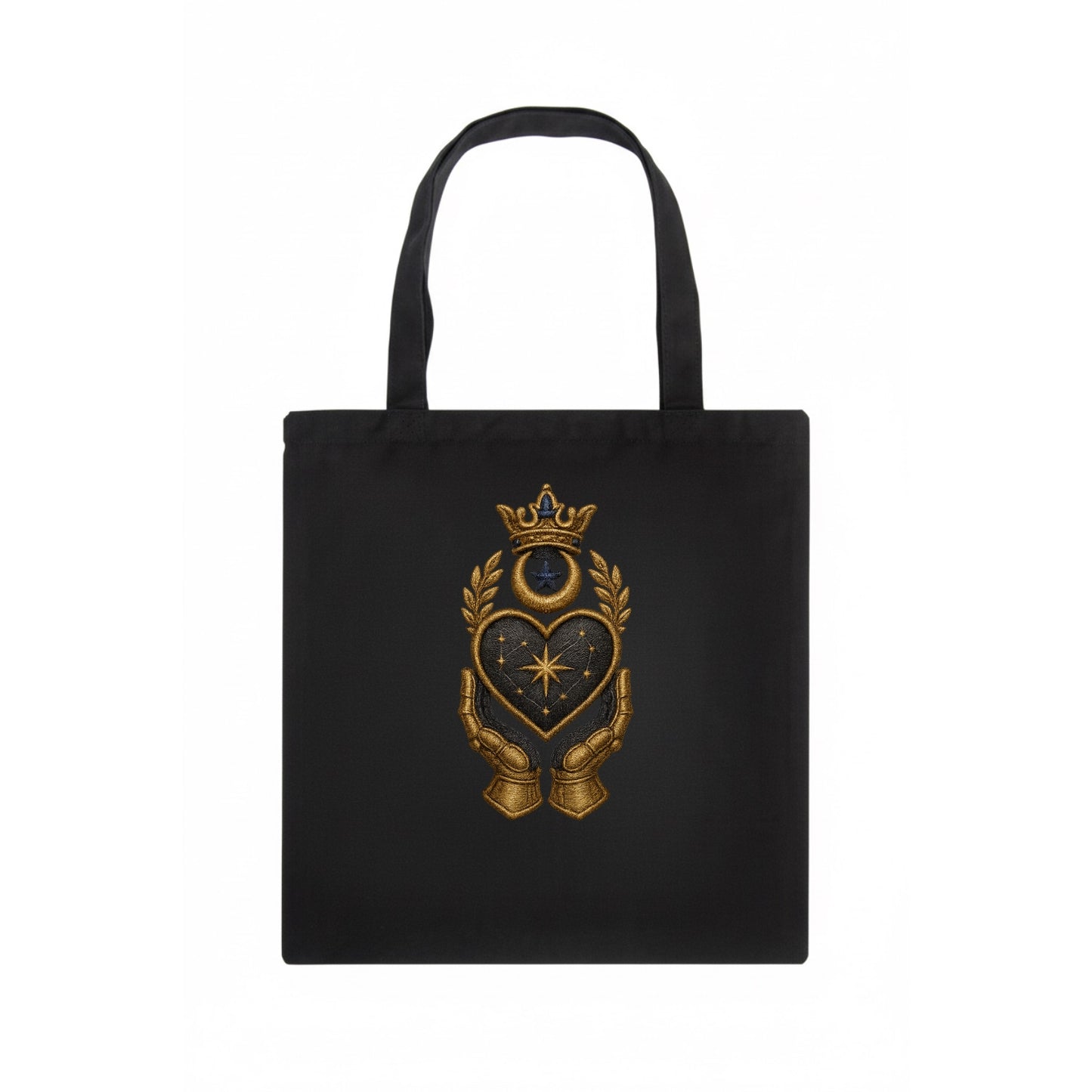 Crowned heart with Art Deco sunburst crown and geometric filigree hands cradling the - Tote Bag - dark