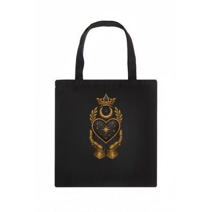 Crowned heart with Art Deco sunburst crown and geometric filigree hands cradling the - Tote Bag - dark