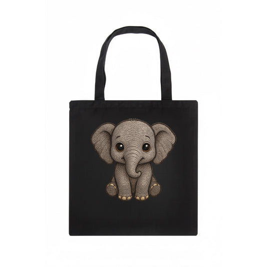 Baby Elephant - gray wrinkly, tiny trunk, large floppy ears, kind dark eyes, - Tote Bag - dark