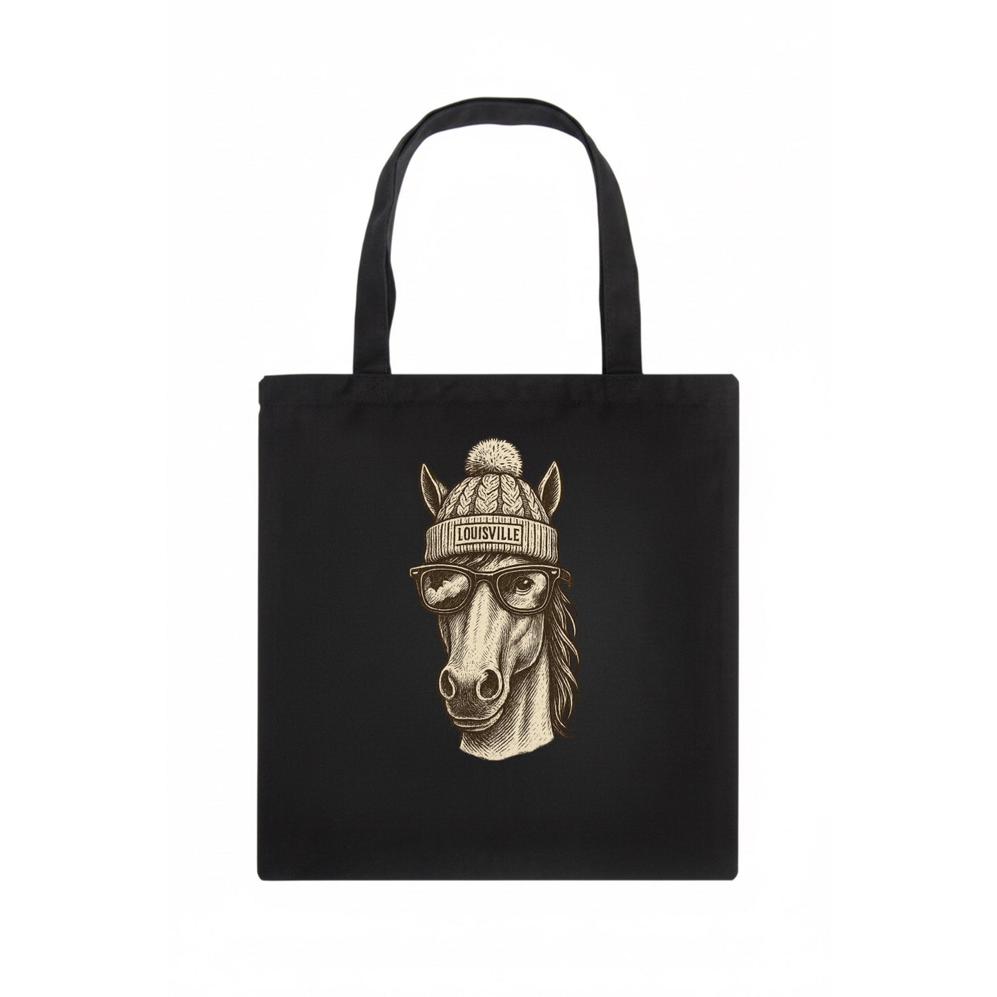 Kentucky Thoroughbred Horse wearing Louisville beanie with pom pom and wayfarer - Tote Bag - dark