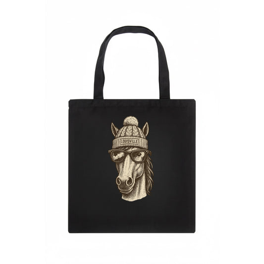 Kentucky Thoroughbred Horse wearing Louisville beanie with pom pom and wayfarer - Tote Bag - dark