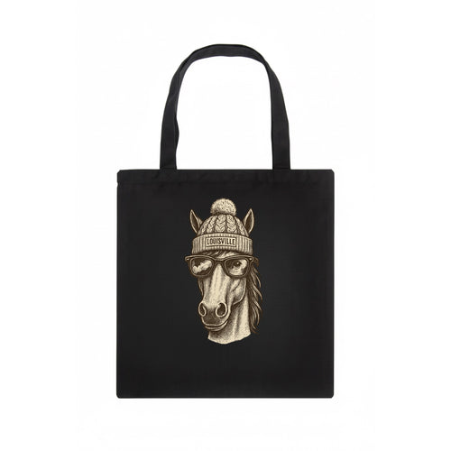 Kentucky Thoroughbred Horse wearing Louisville beanie with pom pom and wayfarer - Tote Bag
