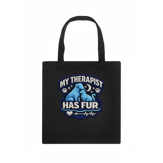 MY THERAPIST HAS FUR - pet silhouette in calming blue , emotional support - Tote Bag - dark